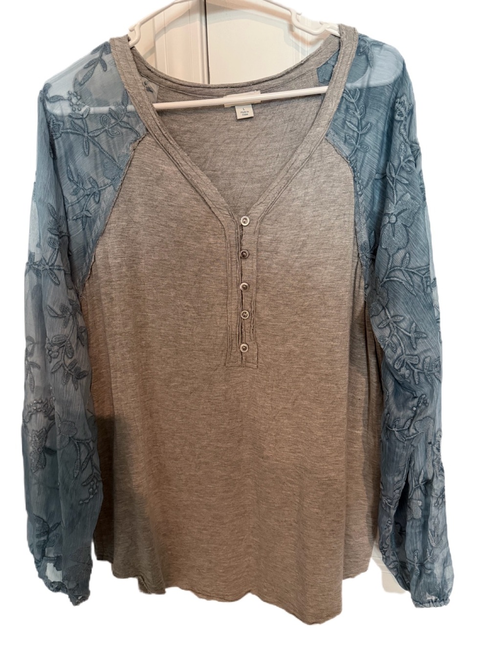 Sundance Gray Henley with Blue Floral Lace Sleeves